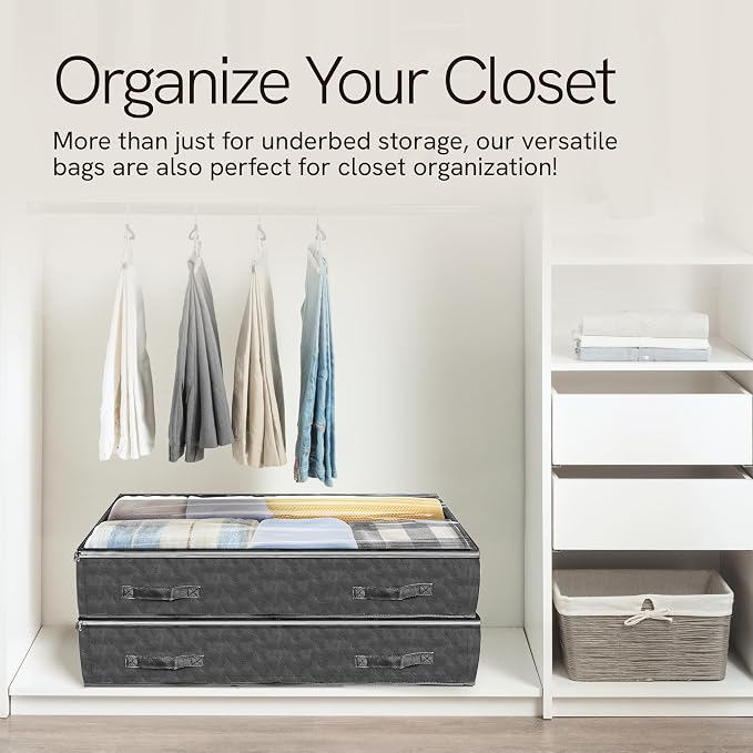 Reli. 90L Under Bed Storage Containers 4 Pack | Closet Organizer Bins | Large underbed storage bags with clear window, gray, dual zippers, 90L, 39x20x7, flat storage bins with lids, handles