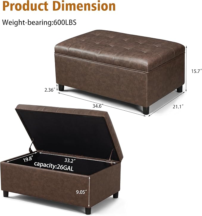 Joveco Rectangular Lift Top Storage Ottoman Bench, Faux Leather Storage Bench for Living Room Entryway Bedroom,Espresso
