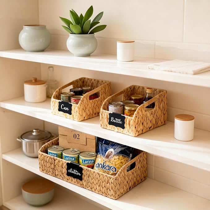 Wicker Baskets for Organizing,Pantry Baskets with Built-in Handles, Handwoven Wicker Storage Basket, Water Hyacinth Storage Bins for Shelves, 3 Pack, Natural 4 Set