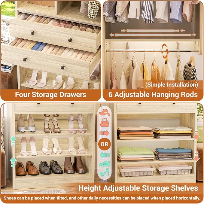 Besiost Closet System, Up to 128.6"/10.7 FT Closet Organizer with 4 Wooden Drawers and Shelves, Walk-in Closet System with 6 Hanging Rods, Built-in Closet Fit 96"/8FT, 120"/10FT, Greige Oak Set 2