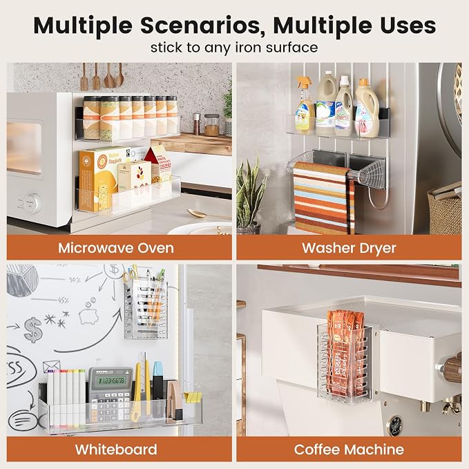 Magnetic Spice Rack for Refrigerator,6 Pack Magnetic Shelf,Fridge Magnet Organizer with Paper Towel Holder,Utensils Racks,Hook Rack,Deepened Basket,Fridge Organizers and Storage Clear(6 Pack)