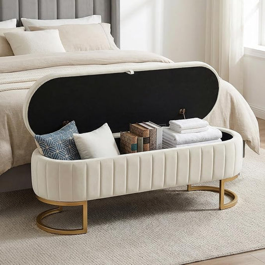 65" Velvet Storage Ottoman Bench End of Bed for Bedroom Entryway Beige