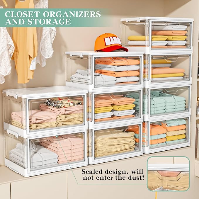 Kmiectse Clear Storage Bins with Lids - 4 Tier 23qt Plastic Stackable Bins | Closet Organizers Box for Bedroom, Living Room, 23 QT Folding Box with Magnetic door