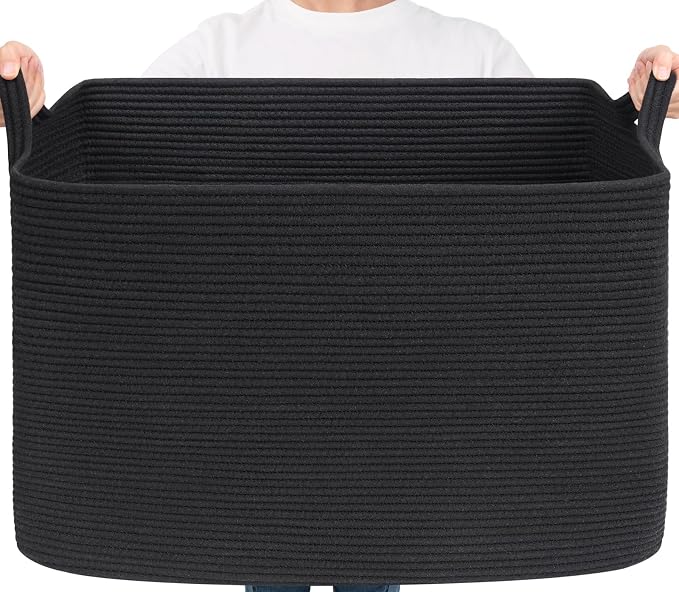 Goodpick 105L Extra Large Woven Blanket Basket, Cotton Rope, Black | 25 x 16 x 16 in, Rectangle, Living Room, Bedroom & Nursery Organization, Blankets, Pillows, Toys & Clothes Storage
