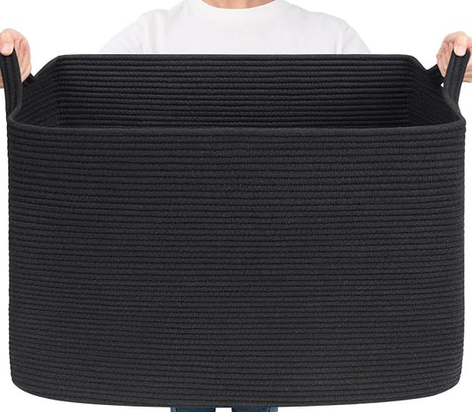 Goodpick 105L Extra Large Woven Blanket Basket, Cotton Rope, Black | 25 x 16 x 16 in, Rectangle, Living Room, Bedroom & Nursery Organization, Blankets, Pillows, Toys & Clothes Storage