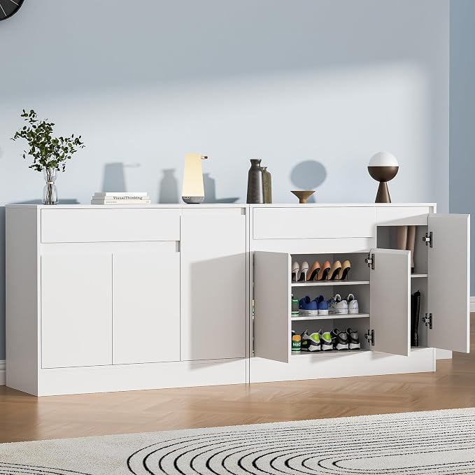 Housoul 39.4" W Shoe Storage Cabinet with 3 Doors & Drawer, White | Freestanding Modern Shoe Cabinet with Drawer & Adjustable Shelves, Wooden Shoe Organizer Cabinet for Entryway, Hallway