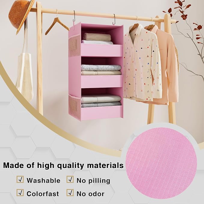 3-Shelf Hanging Closet Organizer, Washable Foldable Storage Shelves, Pink | Front lip keeps items secure; side pockets add room; Oxford fabric handles towels, shirts, baby items, dorms, RVs or travel.