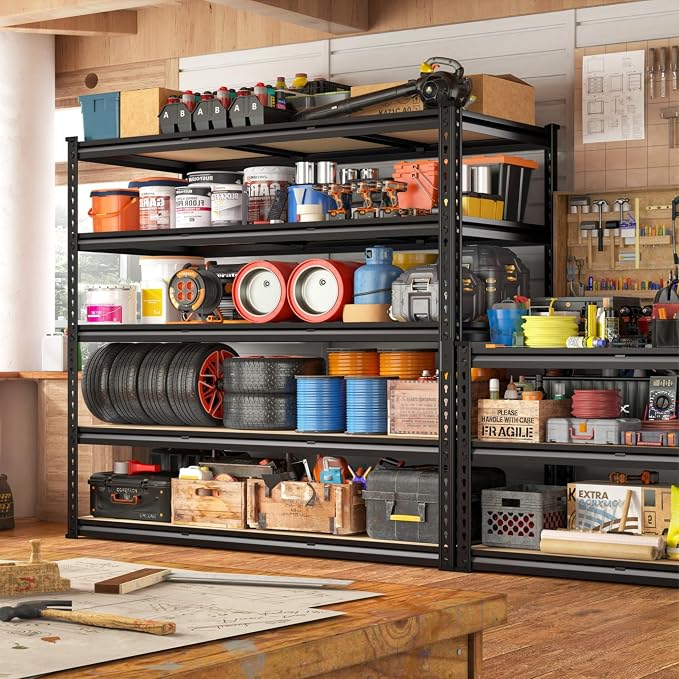 REIBII 48" W Garage Shelving 3000LBS Storage Shelves 5 Tier Industrial Shelving Adjustable Metal Storage Shelves for Garage, Basement, Warehouse, Commercial, Easy Assemble, 48" W x 72" H x 18" D, 2PC