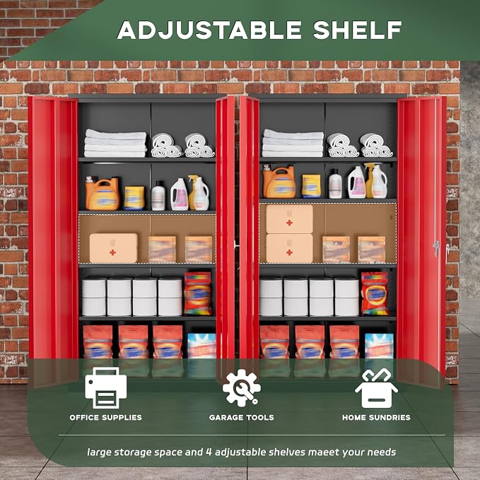 Greenvelly Metal Garage Storage Cabinet, 72" Black Red Tool Steel Locking Cabinet with Doors and 4 Shelves, Tall Cabinets for Garage Storage Systems Lockable File Cabinet for Home Office,Garage