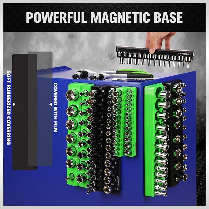 Magnetic Socket Organizer Holder Tool: 8PCS Set includes 2PCS 1/4", 4PCS 3/8", 2PCS 1/2" Drive Socket Storage Trays Toolboxs, Holding 199 Slots Soft Rubber Covering Black Green (sockets not included)