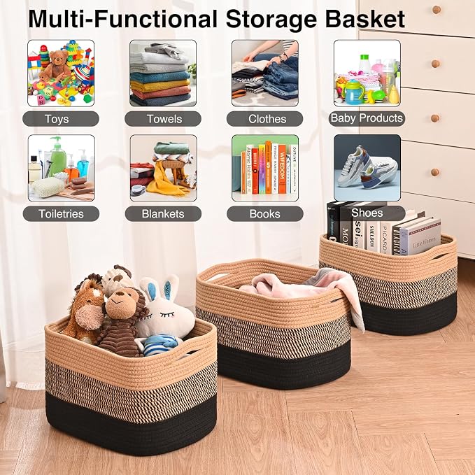 ICERZCZ Storage Baskets for Organizing Shelves, Decorative Baskets for Storage, Woven Cotton Rope Basket for Living Room Bedroom Nursery, 15"x11"x9.5", 3 Packs, Gradient Black & Jute