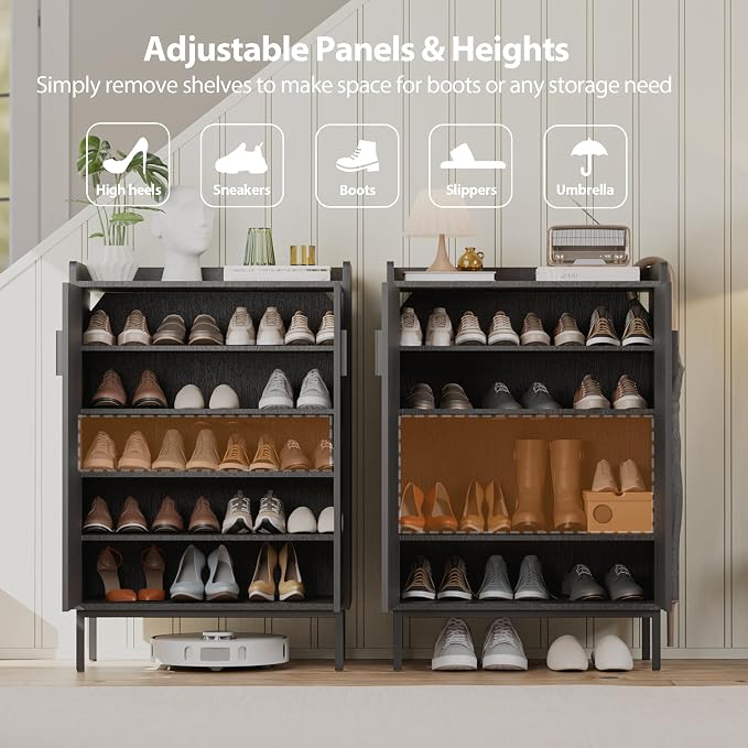 Shoe Cabinet with Metal Legs, Farmhouse Large 5-Tier Shoe Storage Cabinet with Doors, Wooden Shoe Organizer for Entryway, Hallway (2 Door Shoe Cabinet, Black Oak-Modern)