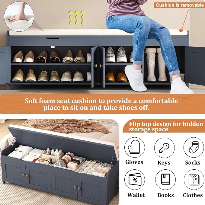 HOMEFORT 54.4" Shoe Bench with Lift Top Storage, Entryway Bench with Cushioned Seat, Wooden End of Bed Bench, Shoe Cabinet Bench with Hidden Storage Space, for Bedroom, Hallway,Blue