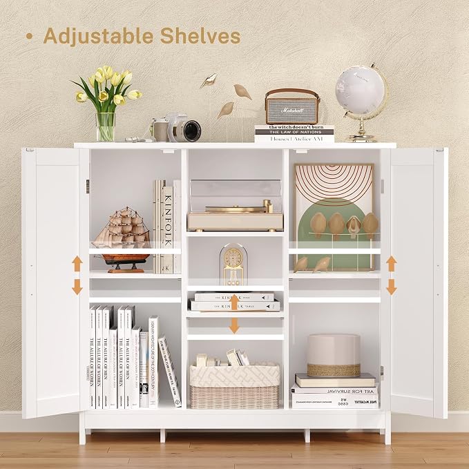 Iwell Storage Cabinet with 2 Doors and 4 Storage Shelves, Buffet Cabinet, Bathroom Cabinet for Living Room, Entryway, Home Office, White