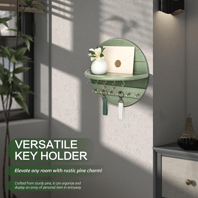 Rebee Vision Round Key Holder Wall Mount with 11 Hooks for Hallway, Green | Pine Wood, Round Corner, 2 Kinds of Key Hooks, Plant & Mail Display, Rustic Home Essentials, Entryway Wall Decor