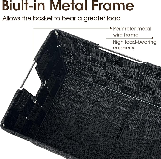 Black Storage Baskets for Shelves, Woven Shelf Baskets for Organizing, Small Strap Organizer Basket for Bathroom Storage, Set of 4