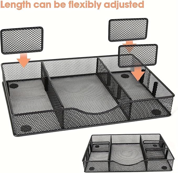 VyGrow Desk Drawer Organizer Tray, Metal Mesh Drawer Organizers Office, 6 Adjustable Compartment, Desk Organizer Tray for Home Office 12.87L x 8.73D x 1.96H inch, Black, 1PC Medium
