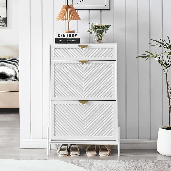 Shoe Cabinet with 2 Flip Drawers, Narrow Entryway Rack, White | Slanted Wood Grain, Freestanding, Adjustable Compartments, Removable Middle Shelf, Metal Handles, for Hallway Foyer Entrance