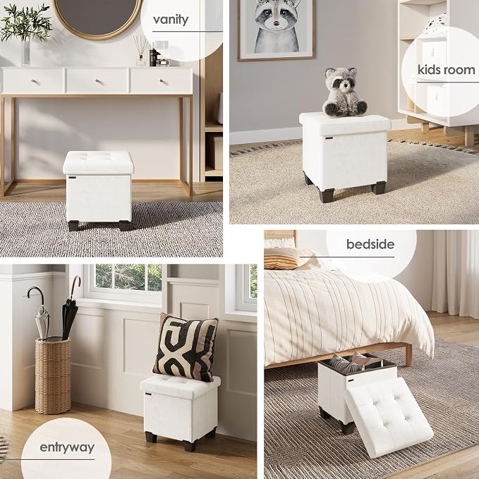 Storage Ottoman Cube with Small Bin, 15-in Square Ottoman with Storage for Living Room and Bedroom, Small Ottomans Foot Rest, Velvet Foot Stools Ottomans Max 330lbs, Cream