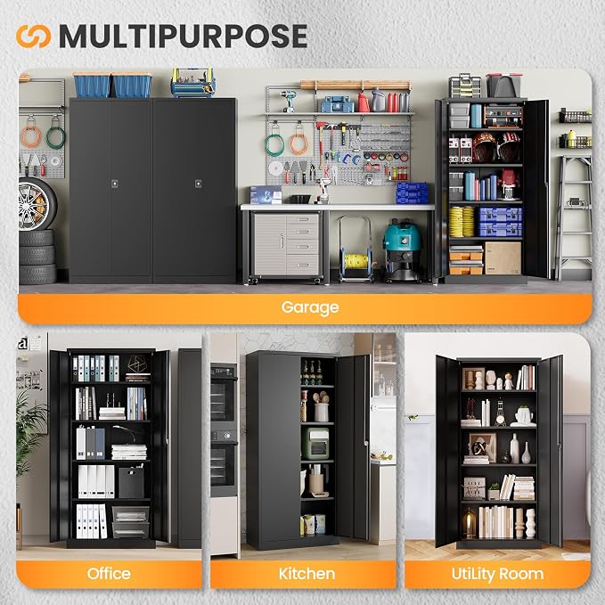 Metal Storage Cabinet with Lock,71" Black Garage Cabinet with 2 Doors and 4 Adjustable Shelves, Steel Locking Cabinets Tall Tool Storage Cabinet, Lockable File Cabinet for Home Office, Pantry
