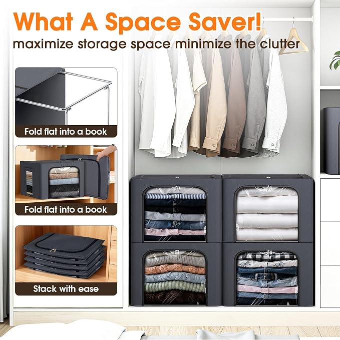 4 Pack Clothes Storage Bins with Metal Frame, Light Grey, 40L | Foldable Storage Boxes with Clear Window, Front & Top Zipper Openings, Stackable Organizer with Handles for Closet & Bedroom