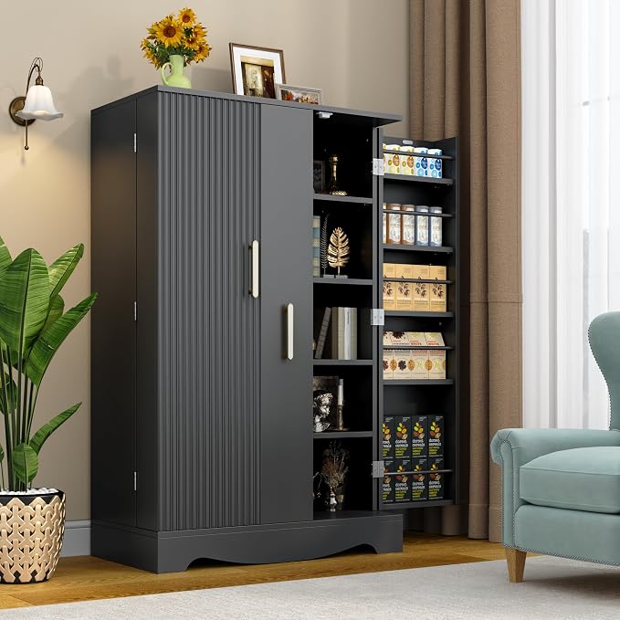 kepptory 47“ Black Kitchen Pantry Cabinet with 3 Doors, Adjustable Shelves, | Pull-Out Side Spice Racks, Freestanding Food Storage Cupboard for Kitchen, Dining Room, Living Room