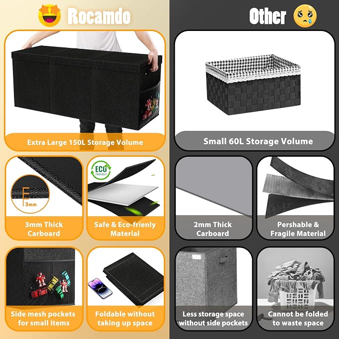 Large Toy Storage Box with Lid, Dividers, Collapsible Kids Toy Chest, Black | Toy Box for Boys, Girls, Nursery, Bedroom, Living Room, Playroom, 40X14X16 inches