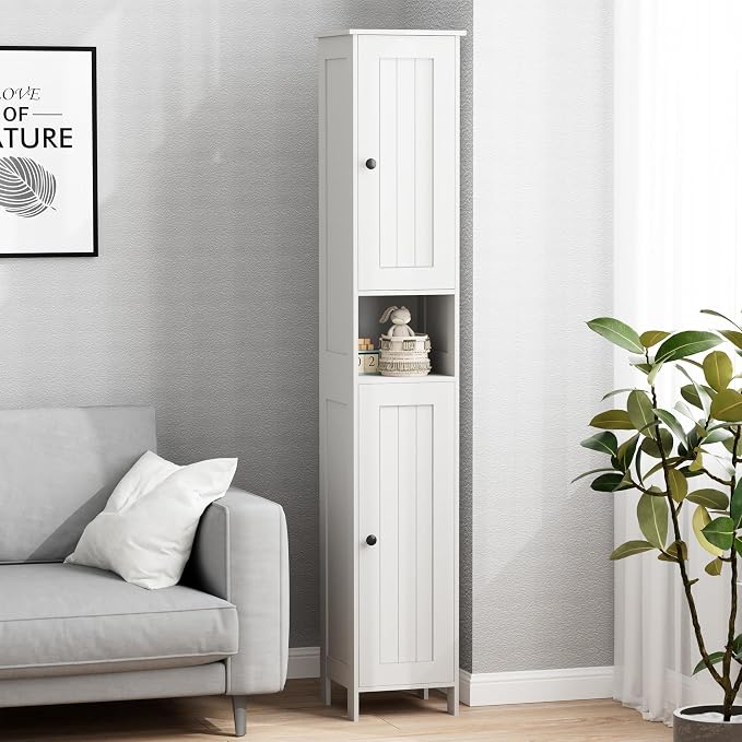 Homleke Tall Bathroom Storage Cabinet with 2 Doors, Slim Bathroom Cabinet | Narrow Storage Cabinet with Adjustable Shelves, Anti-Tip Design, Reversible Door, Easy Assembly, White, 11.8''W