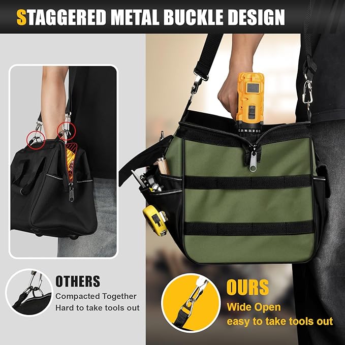 UUP Tool Bag Extra Large 20", Heavy Duty Spacious Tool Box Organizer, Green | 16 Pockets & MOLLE. Detachable Strap & Handle. Non-slip Base, Metal Buckle. 30lb Holds Drill/Tool on Truck, Garage, Men Gift.
