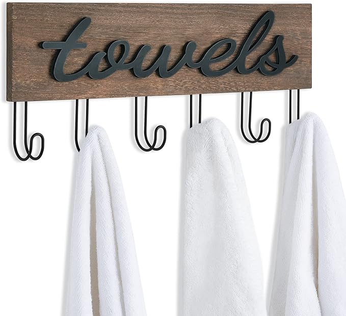 Mkono Wall Mounted Towel Rack, 6 Hooks Rustic Wood Bathroom Towel Hanger | Farmhouse Decor, Space Saving, Decorative Letter Design, Easy Install, Sturdy, Hang Bathrobe clothes, Shower Accessories