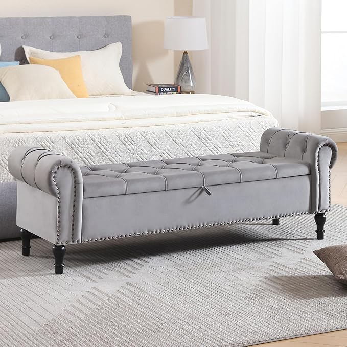 Velvet Storage Bench 67 Inch Upholstered Tufted Ottoman Bench with Arms King Size End of Bed Bench for Bedroom Living Room Entryway Light Grey