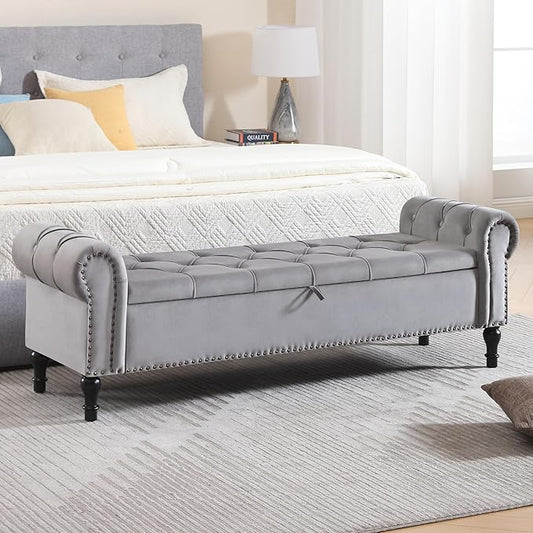 Velvet Storage Bench 67 Inch Upholstered Tufted Ottoman Bench with Arms King Size End of Bed Bench for Bedroom Living Room Entryway Light Grey