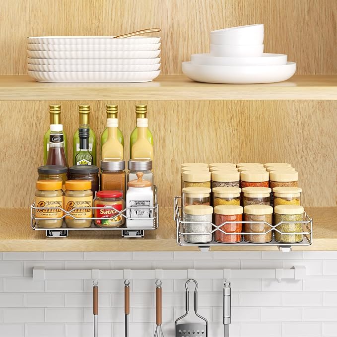 Pull Out Spice Rack Organizer for Cabinet, Chrome, 8.5"W x 10.5"D x 2.5"H | Slide Out Design, No Drill Asembly, Fits Spices, Bottles & Jars, Ideal For Narrow Kitchen Cabinets & Pantry