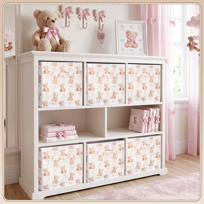 6 Pcs Pink Bow Teddy Bear Cube Storage Bins 11 Inch Storage Basket with Handle, Preppy Girls Organizer Basket, Collapsible Fabric Box for Classroom Bedrooms Office Home Decoration Gift