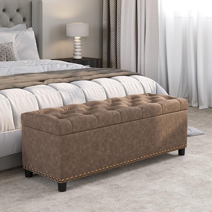 BELLEZE Storage Ottoman, Tufted Ottoman with Close Hinge, Foot Rest for Living Room (Rustic Brown, 47 inch)