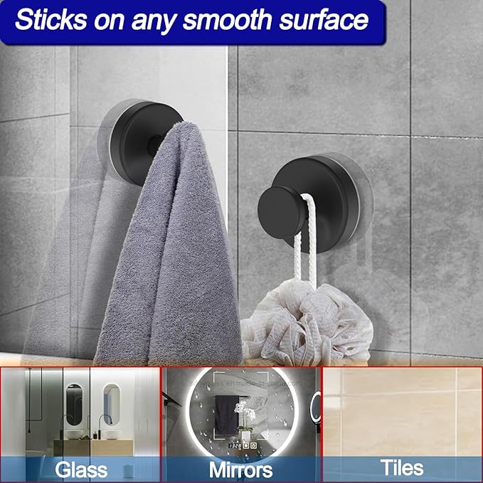 Bntuk Suction Cup Hooks for Shower, Removable Towel Hooks for Bathroom Window Glass Door Wall, Bath Robe Looafh Wreath Hook for Hanging - 2 Pack, Black | Glass Door Window, No Drill Robe Loofah Wreath Hook - 2 Pack, Black