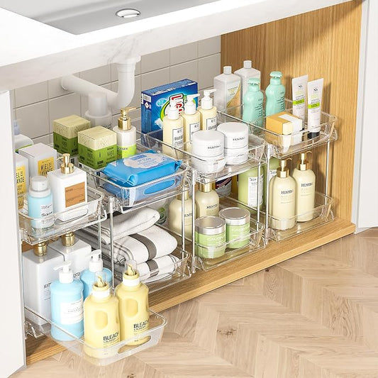 Sevenblue 4-Pack 2-Tier Under Sink Organizer with Pull Out Drawers | Multi-use kitchen & bathroom storage. Includes hanging hooks and cups. transparent, space-saving cabinet design. 11.2 Inch
