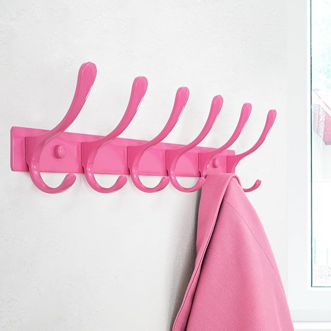 SKOLOO Wall Mounted Coat Rack - 6 Hooks, Pack of 2, Heavy Duty, Stainless Steel, Metal Wall Hanger, Sturdy Coat Hooks for Hanging Coats, Jackets, Clothes, Hats - Pink