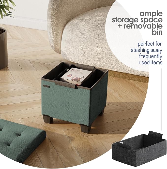 Storage Ottoman Cube with Small Bin, 15-in Square Ottoman with Storage for Living Room and Bedroom, Small Ottomans Foot Rest, Fabric Foot Stools Ottomans Max 330lbs, Green