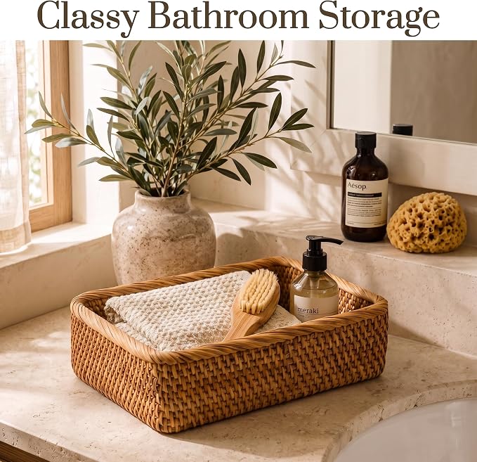 Yangqihome Natural Rattan Storage Baskets, Rectangular Woven Fruit Baskets, Decorative Wicker Basket Large Baskets for Organizing (L)