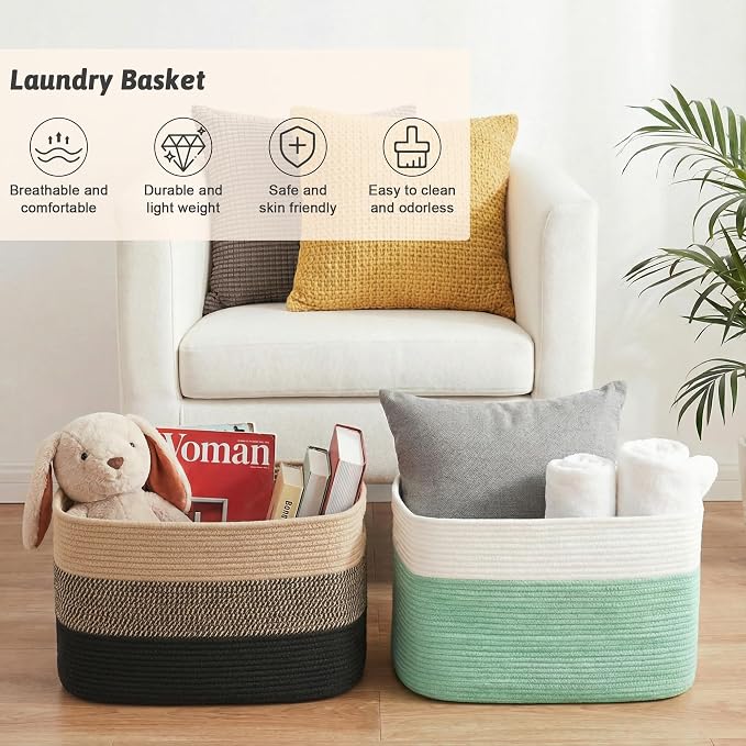 Artfeel Blanket Basket,Rectangle Woven Baskets for Storage,30L Laundry Basket for Decorative Nursery Blanket,Toys,Dirty Clothes and Magazine in Shelves,Baby Room,and Living Room