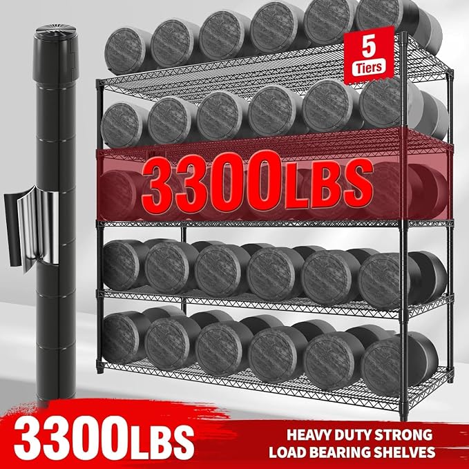 Garvee 3300LBS 5 Tier Metal Shelving with Wheels,82"H Storage Shelves,Black | 59"Wx23.6"D, Heavy-Duty 660 lbs Per Shelf, Adjustable Wire Shelving Units, Leveling Feet,for Garage Kitchen Warehouse