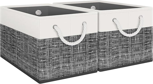 Fab totes Storage Bins 2-Pack, Foldable Storage Baskets for Organizing Toys, Books, Shelves, Closet, Large Storage Box with Rope Handles, Sturdy Organizer Bins, White & Black