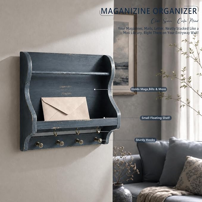Pine Wood Mail Organizer Wall Mount with 7 Key Hooks Entryway, Royal Blue | Mail Holder for Wall, Key Hanger for Sunglasses and Wallets, Magazine Holder for Bill Storage, Apartment Rustic Aesthetic