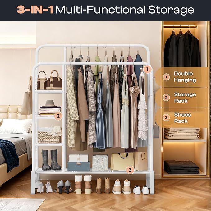 Clothes Rack for Hanging Clothes, Clothing Rack with shelves, White | Double Clothing Rack with 3 Tier Storage Shelves, Multifunctional Heavy Duty Garment Rack for Bedroom Laundry Wardrobe Closet