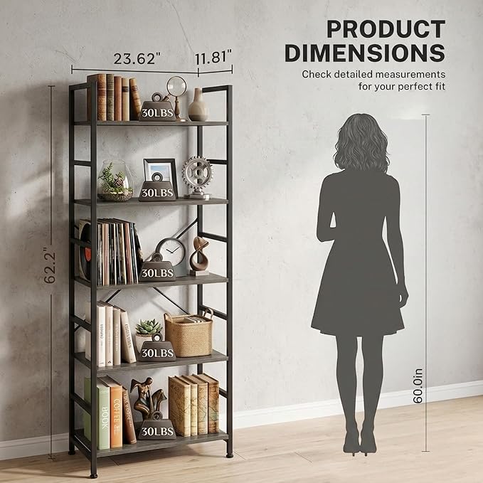 HealSmart 5 Tier Bookshelf, Free Standing Book Shelf Home Office Bookcase Shelf Storage Organizer for Bedroom, Bathroom, Living Room, Office, Balcony, Gray Wood