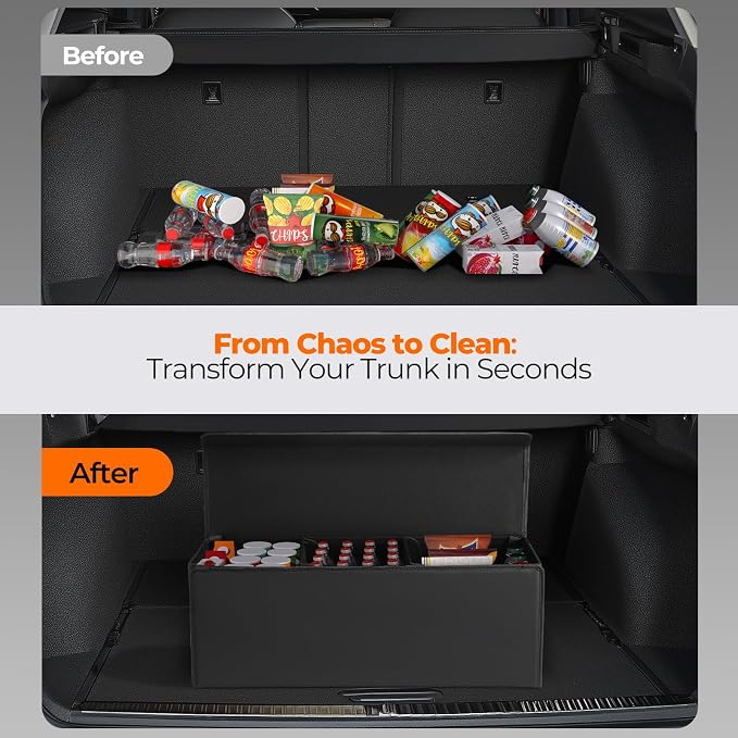 Fyzeoty Car Trunk Organizer for SUV and Sedan, Trapezoidal-Black, 29.5 in | Tailored for Rear Seats, Extra Large, Leather Storage Box, Magnetic Lid, Collapsible & Adjustable, Water‑Resist & Dust‑Proof