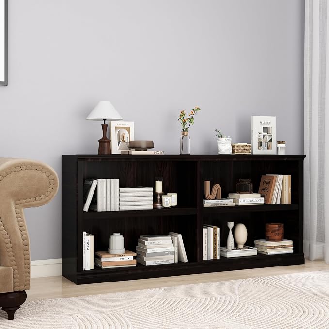 64" W Double Wide Horizontal Bookshelf, 2 Tiers 4 Storage Cube Book Case | Open Shelf Bookcase, Display Cabinet Organizer Indoor Furniture, Home Library Office, Dark Cherry, Adjustable Shelf