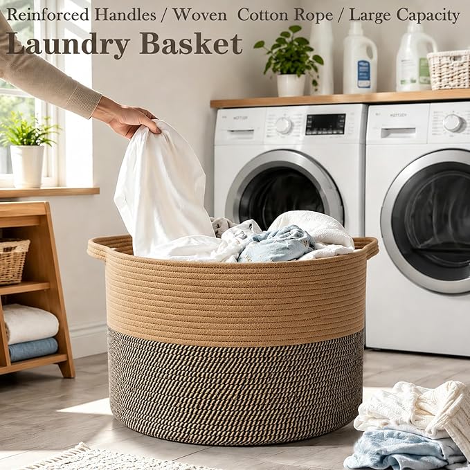90L Extra Large Blanket Basket,Woven Rope Laundry Basket-Jute&Black | Collapsible, reinforced handles, nursery storage bin organizes clothes, toys and pillows for living room, bedroom bathroom