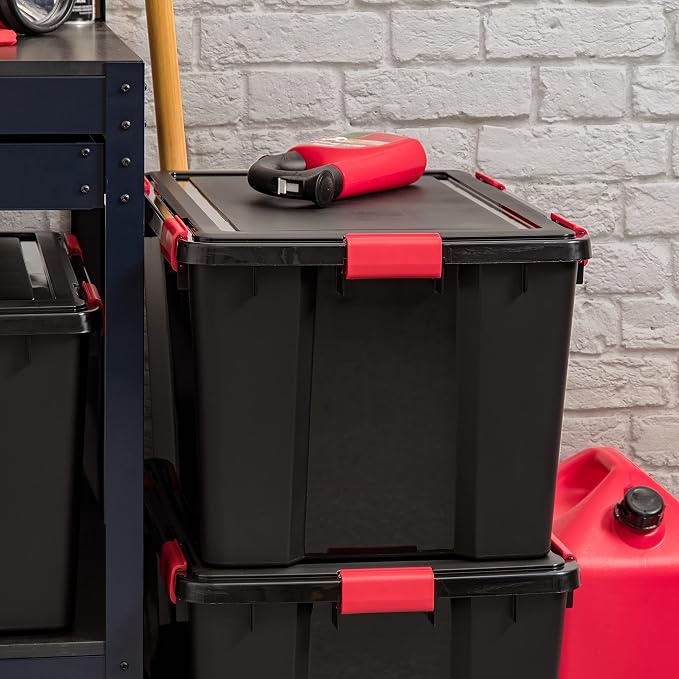 IRIS USA 3-Pack 74 Qt Storage Bins with Gasket Lids, Black/Red | WeatherPro seal helps protect bulky items for moving, garage, attic and basement storage